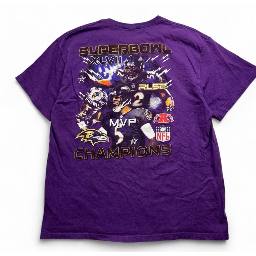Baltimore Ravens Super Bowl Champions T-Shirt Purple Ray Lewis Joe Flacco XLVII - Picture 2 of 6